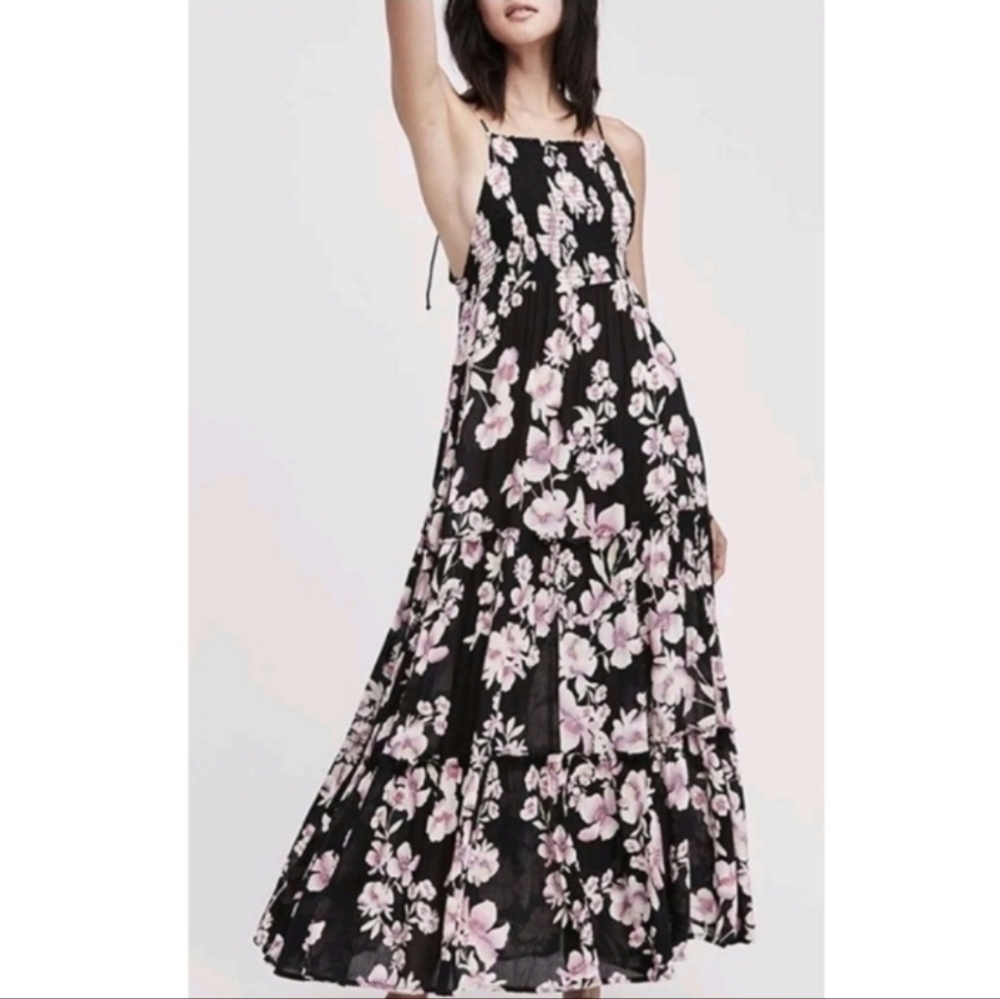 Free People Garden Party Black Pink Floral Maxi Dress M